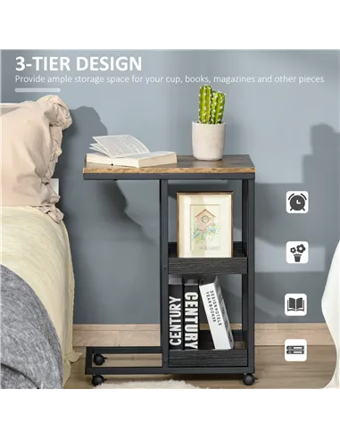 HOMCOM Mobile Sofa Side Table Set of 2, Industrial C-Shaped Rolling Table with 3-Tier Storage Shelving, Four Lockable Wheels Ste