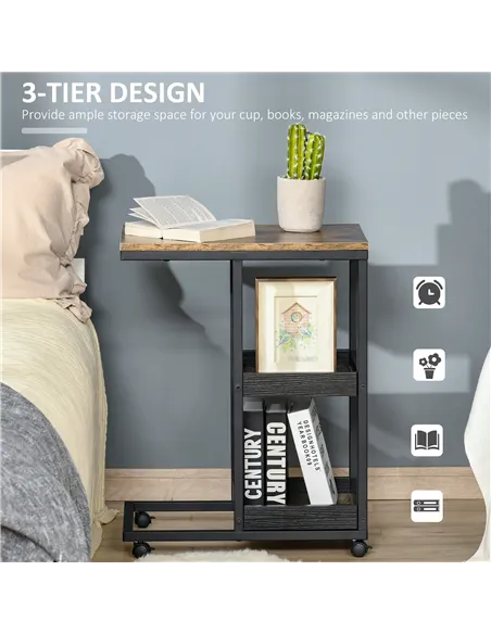 HOMCOM Mobile Sofa Side Table Set of 2, Industrial C-Shaped Rolling Table with 3-Tier Storage Shelving, Four Lockable Wheels Ste