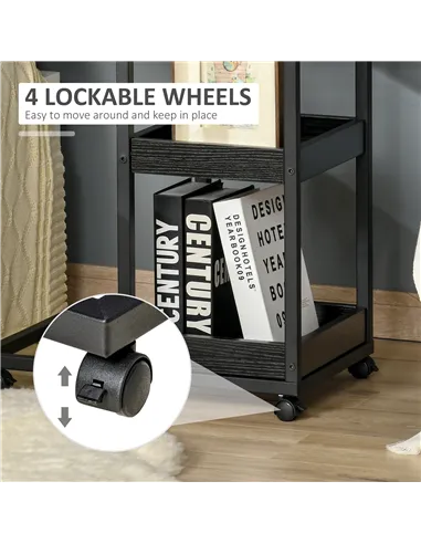 HOMCOM Mobile Sofa Side Table Set of 2, Industrial C-Shaped Rolling Table with 3-Tier Storage Shelving, Four Lockable Wheels Ste