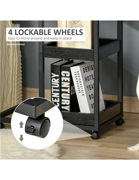 HOMCOM Mobile Sofa Side Table Set of 2, Industrial C-Shaped Rolling Table with 3-Tier Storage Shelving, Four Lockable Wheels Ste