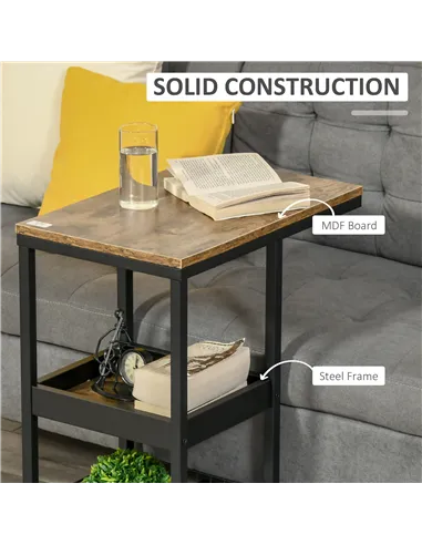 HOMCOM Mobile Sofa Side Table Set of 2, Industrial C-Shaped Rolling Table with 3-Tier Storage Shelving, Four Lockable Wheels Ste