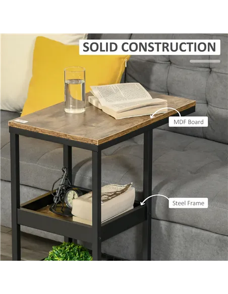 HOMCOM Mobile Sofa Side Table Set of 2, Industrial C-Shaped Rolling Table with 3-Tier Storage Shelving, Four Lockable Wheels Ste