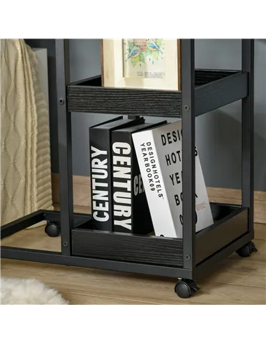 HOMCOM Mobile Sofa Side Table Set of 2, Industrial C-Shaped Rolling Table with 3-Tier Storage Shelving, Four Lockable Wheels Ste