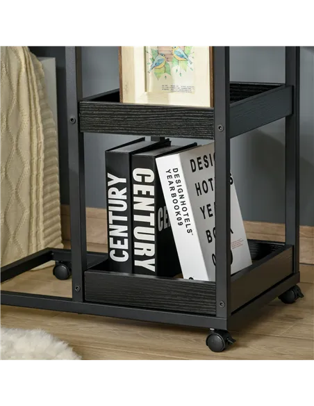 HOMCOM Mobile Sofa Side Table Set of 2, Industrial C-Shaped Rolling Table with 3-Tier Storage Shelving, Four Lockable Wheels Ste