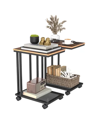 HOMCOM C Shaped Side Table Set of 2 with Wheels, Mobile End Table, Laptop Stand with Metal Frame and Storage Shelf, Rustic Brown