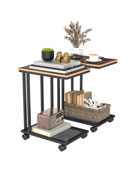 HOMCOM C Shaped Side Table Set of 2 with Wheels, Mobile End Table, Laptop Stand with Metal Frame and Storage Shelf, Rustic Brown