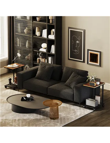 HOMCOM C Shaped Side Table Set of 2 with Wheels, Mobile End Table, Laptop Stand with Metal Frame and Storage Shelf, Rustic Brown