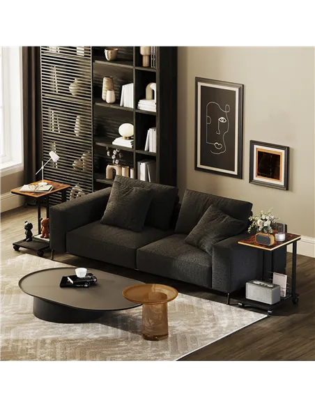 HOMCOM C Shaped Side Table Set of 2 with Wheels, Mobile End Table, Laptop Stand with Metal Frame and Storage Shelf, Rustic Brown