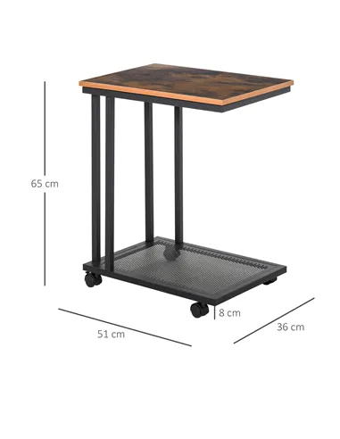 HOMCOM C Shaped Side Table Set of 2 with Wheels, Mobile End Table, Laptop Stand with Metal Frame and Storage Shelf, Rustic Brown