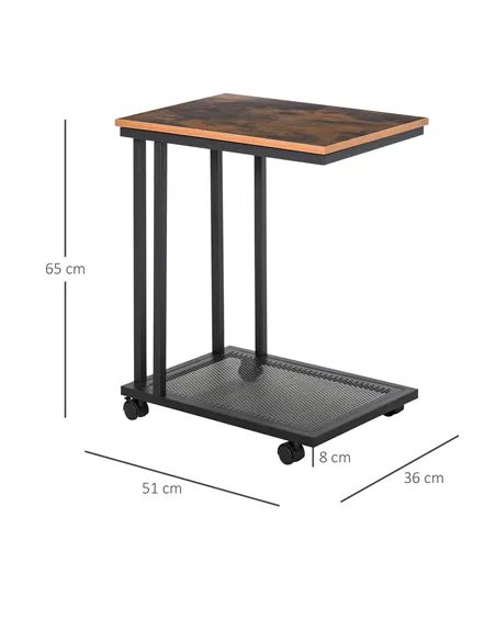 HOMCOM C Shaped Side Table Set of 2 with Wheels, Mobile End Table, Laptop Stand with Metal Frame and Storage Shelf, Rustic Brown
