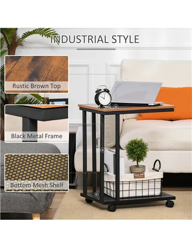 HOMCOM C Shaped Side Table Set of 2 with Wheels, Mobile End Table, Laptop Stand with Metal Frame and Storage Shelf, Rustic Brown