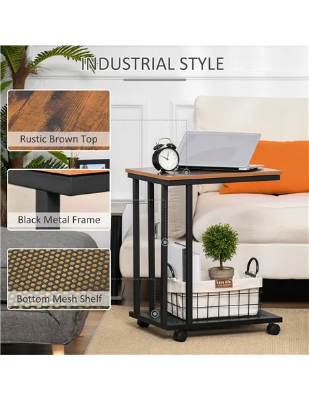 HOMCOM C Shaped Side Table Set of 2 with Wheels, Mobile End Table, Laptop Stand with Metal Frame and Storage Shelf, Rustic Brown