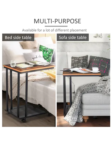 HOMCOM C Shaped Side Table Set of 2 with Wheels, Mobile End Table, Laptop Stand with Metal Frame and Storage Shelf, Rustic Brown