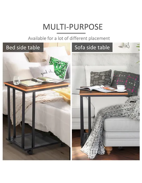 HOMCOM C Shaped Side Table Set of 2 with Wheels, Mobile End Table, Laptop Stand with Metal Frame and Storage Shelf, Rustic Brown