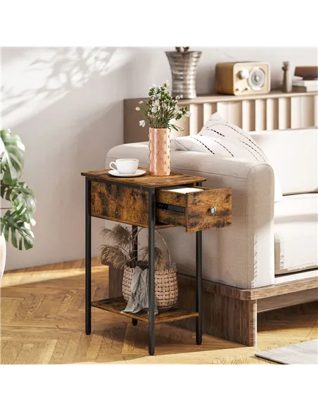 HOMCOM Narrow Side Table with Drawer and Storage Shelf - Rustic Brown