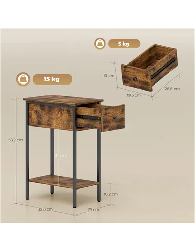 HOMCOM Narrow Side Table with Drawer and Storage Shelf - Rustic Brown