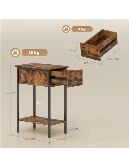 HOMCOM Narrow Side Table with Drawer and Storage Shelf - Rustic Brown