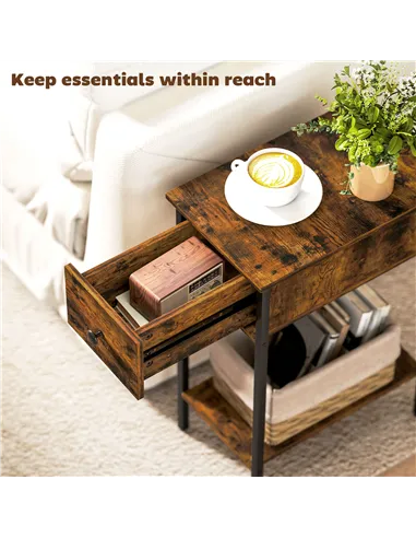 HOMCOM Narrow Side Table with Drawer and Storage Shelf - Rustic Brown