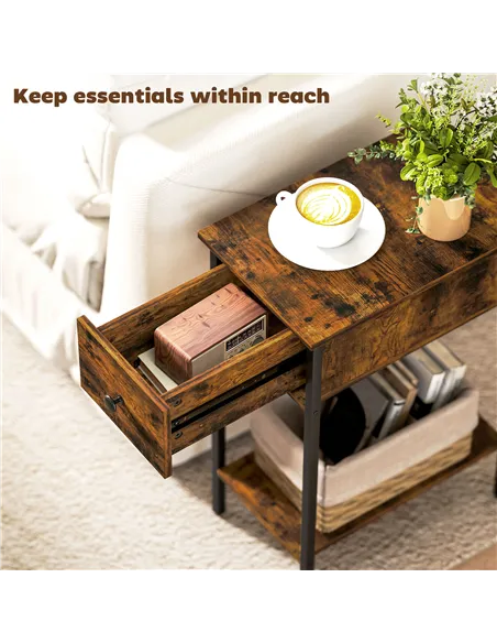 HOMCOM Narrow Side Table with Drawer and Storage Shelf - Rustic Brown