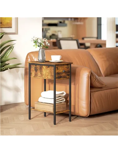 HOMCOM Narrow Side Table with Drawer and Storage Shelf - Rustic Brown
