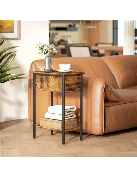 HOMCOM Narrow Side Table with Drawer and Storage Shelf - Rustic Brown