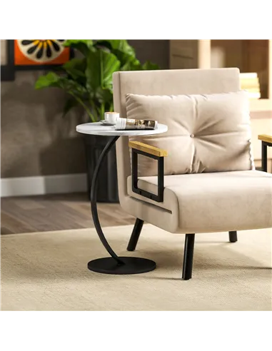 HOMCOM C Shaped Side Table, Round Bedside Table with Marble Effect Top, Modern Coffee Table Sofa End Table with Metal Frame for 