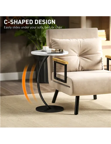 HOMCOM C Shaped Side Table, Round Bedside Table with Marble Effect Top, Modern Coffee Table Sofa End Table with Metal Frame for 