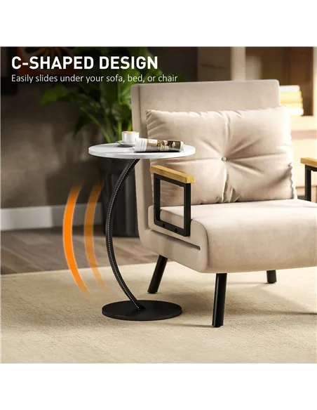 HOMCOM C Shaped Side Table, Round Bedside Table with Marble Effect Top, Modern Coffee Table Sofa End Table with Metal Frame for 