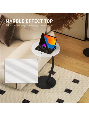 HOMCOM C Shaped Side Table, Round Bedside Table with Marble Effect Top, Modern Coffee Table Sofa End Table with Metal Frame for 
