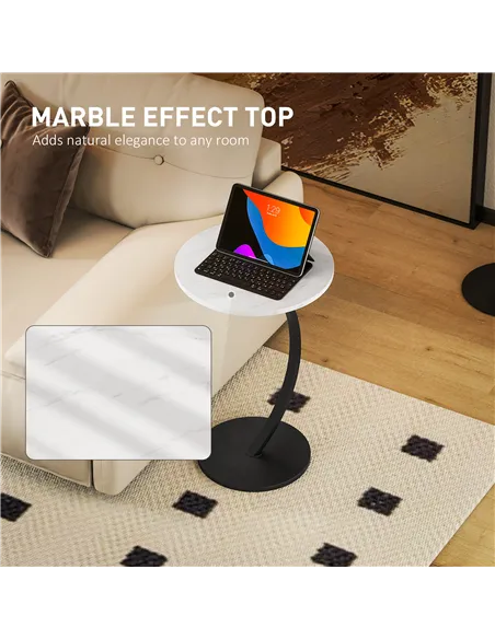 HOMCOM C Shaped Side Table, Round Bedside Table with Marble Effect Top, Modern Coffee Table Sofa End Table with Metal Frame for 
