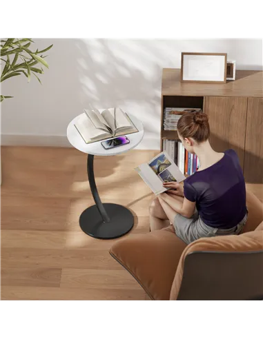 HOMCOM C Shaped Side Table, Round Bedside Table with Marble Effect Top, Modern Coffee Table Sofa End Table with Metal Frame for 