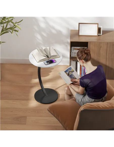 HOMCOM C Shaped Side Table, Round Bedside Table with Marble Effect Top, Modern Coffee Table Sofa End Table with Metal Frame for 