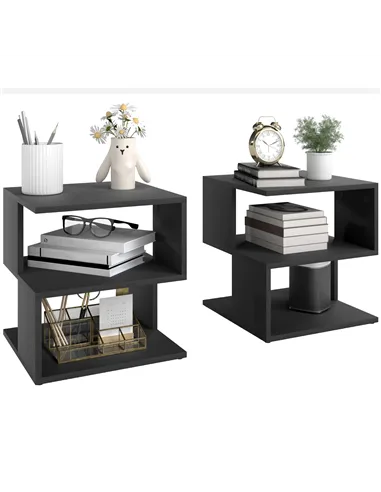HOMCOM Set of 2 Side Table Square Coffee Table, Modern End Table with 2 Tier Storage Shelves for Living Room, Bedroom, Black