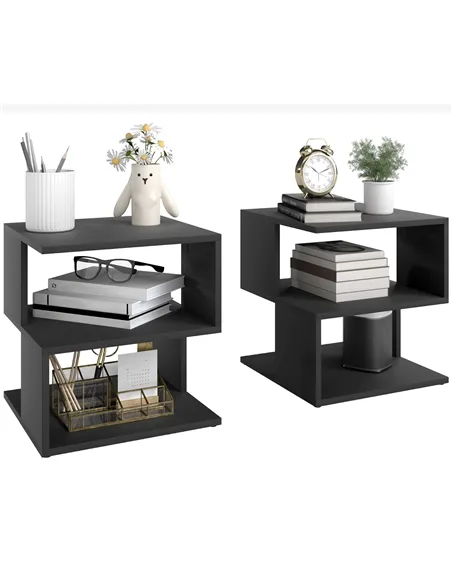 HOMCOM Set of 2 Side Table Square Coffee Table, Modern End Table with 2 Tier Storage Shelves for Living Room, Bedroom, Black