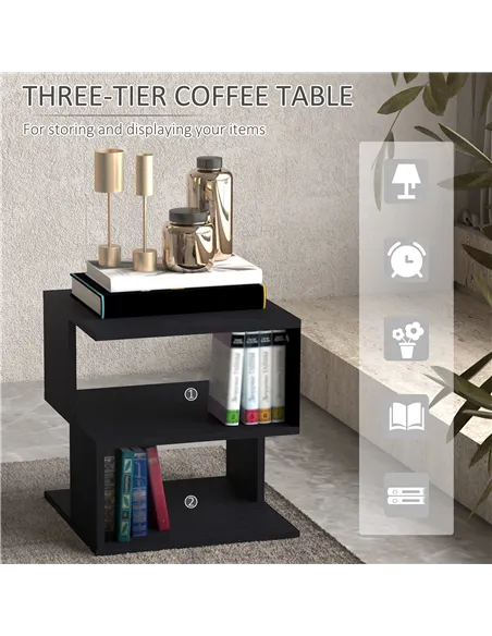 HOMCOM Set of 2 Side Table Square Coffee Table, Modern End Table with 2 Tier Storage Shelves for Living Room, Bedroom, Black
