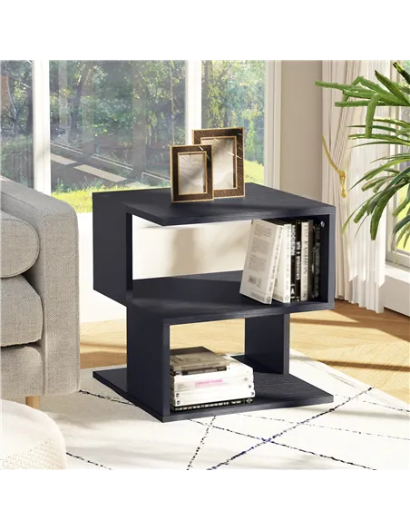 HOMCOM Set of 2 Side Table Square Coffee Table, Modern End Table with 2 Tier Storage Shelves for Living Room, Bedroom, Black