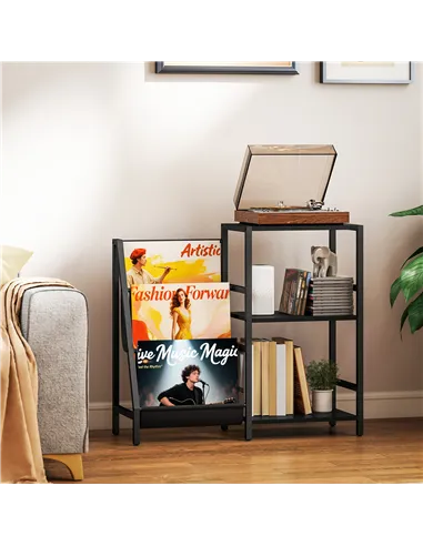 HOMCOM 3-Tier Record Player Stand, End Table for Living Room, Bedroom - Black Wood Effect