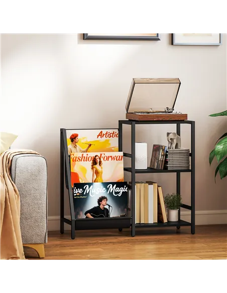 HOMCOM 3-Tier Record Player Stand, End Table for Living Room, Bedroom - Black Wood Effect