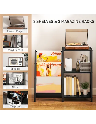 HOMCOM 3-Tier Record Player Stand, End Table for Living Room, Bedroom - Black Wood Effect