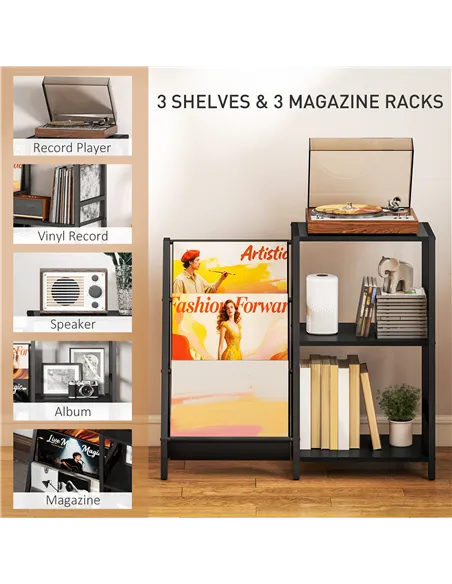 HOMCOM 3-Tier Record Player Stand, End Table for Living Room, Bedroom - Black Wood Effect