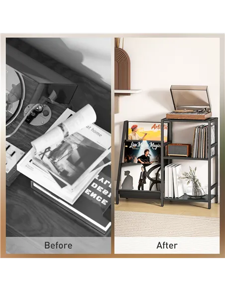 HOMCOM 3-Tier Record Player Stand, End Table for Living Room, Bedroom - Black Wood Effect