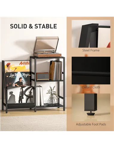 HOMCOM 3-Tier Record Player Stand, End Table for Living Room, Bedroom - Black Wood Effect