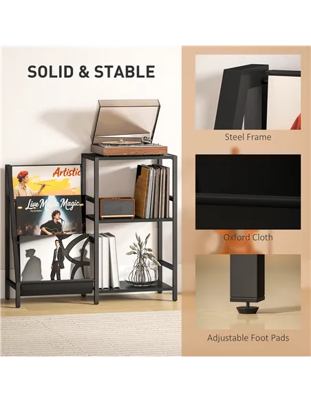 HOMCOM 3-Tier Record Player Stand, End Table for Living Room, Bedroom - Black Wood Effect