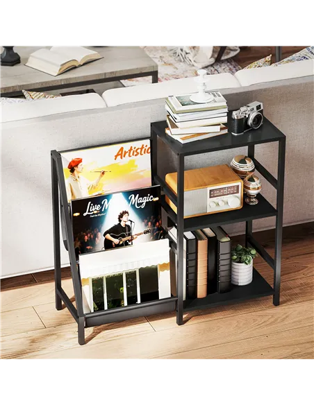 HOMCOM 3-Tier Record Player Stand, End Table for Living Room, Bedroom - Black Wood Effect