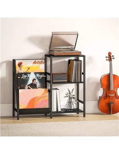 HOMCOM 3-Tier Record Player Stand, End Table for Living Room, Bedroom - Black Wood Effect