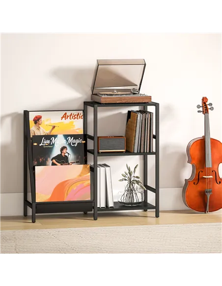HOMCOM 3-Tier Record Player Stand, End Table for Living Room, Bedroom - Black Wood Effect