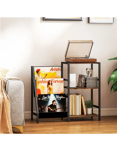 HOMCOM 3-Tier Record Player Stand, End Table for Living Room, Bedroom - Rustic Brown