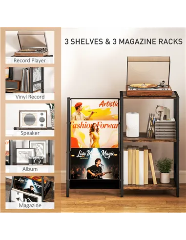 HOMCOM 3-Tier Record Player Stand, End Table for Living Room, Bedroom - Rustic Brown