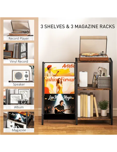 HOMCOM 3-Tier Record Player Stand, End Table for Living Room, Bedroom - Rustic Brown