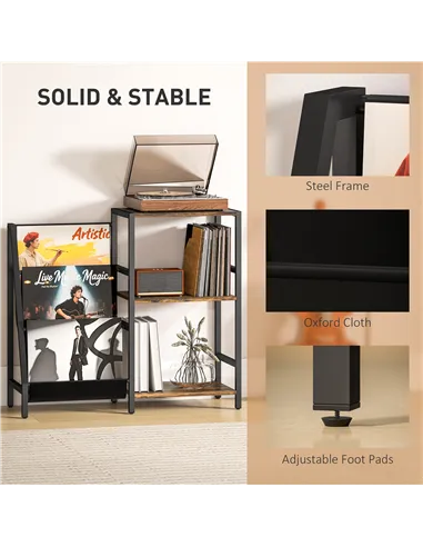 HOMCOM 3-Tier Record Player Stand, End Table for Living Room, Bedroom - Rustic Brown